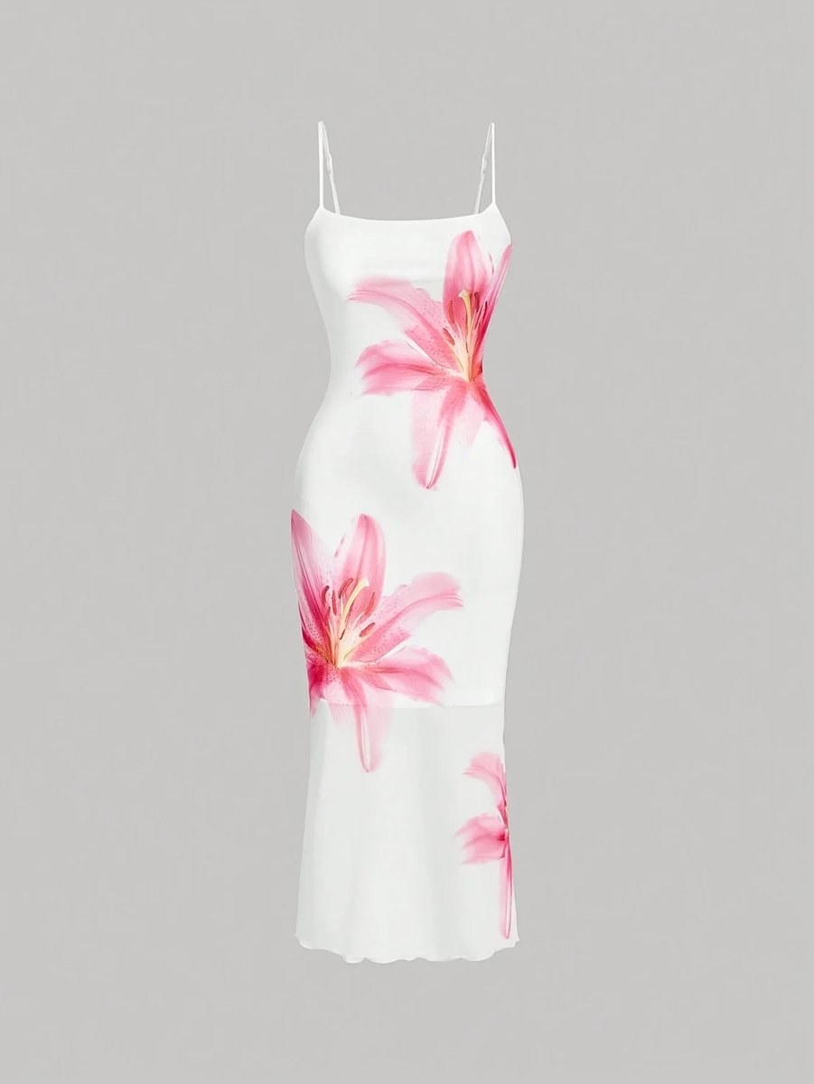 Women's Floral Satin Slip Midi Fall Wedding Guest Dress