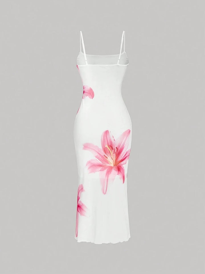 Women's Floral Satin Slip Midi Fall Wedding Guest Dress