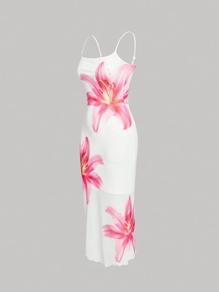 Women's Floral Satin Slip Midi Fall Wedding Guest Dress