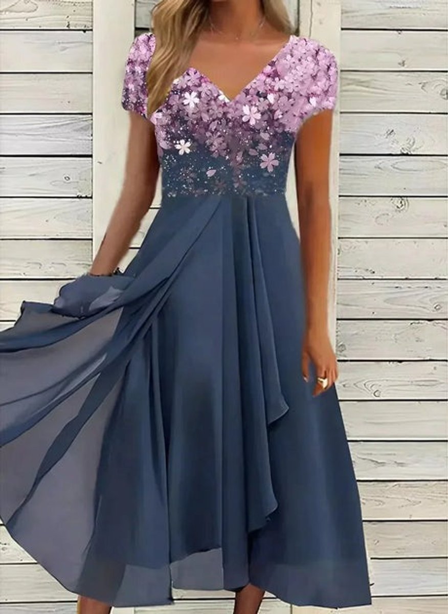 Women's Floral Sequin V-Neck Chiffon Fall Midi Dress