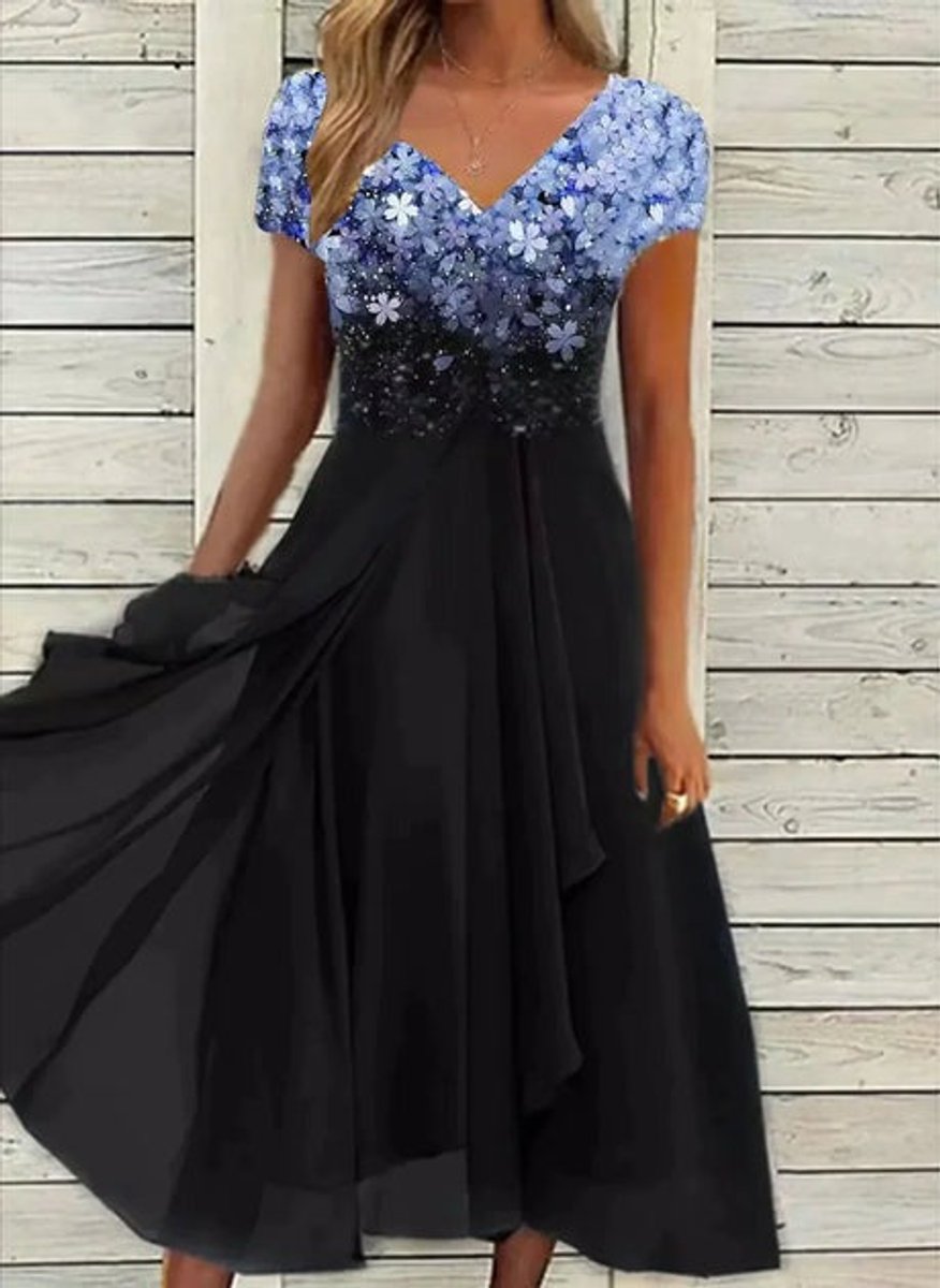 Women's Floral Sequin V-Neck Chiffon Fall Midi Dress