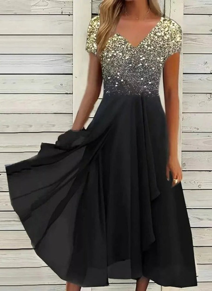 Women's Floral Sequin V-Neck Chiffon Fall Midi Dress