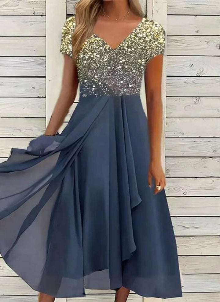 Women's Floral Sequin V-Neck Chiffon Fall Midi Dress