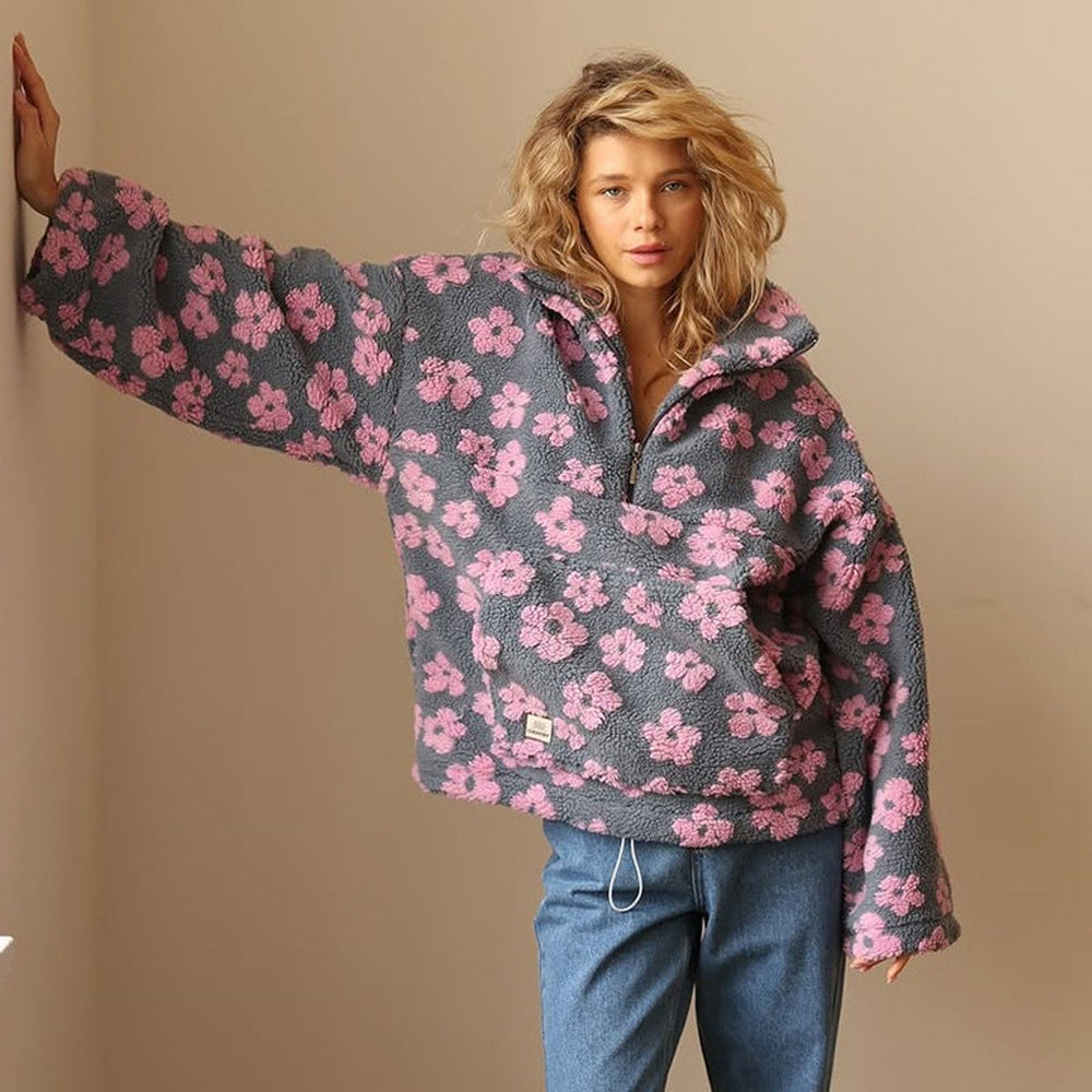 Women's Floral Sherpa Fleece Quarter-Zip Oversized Sweater Pullover