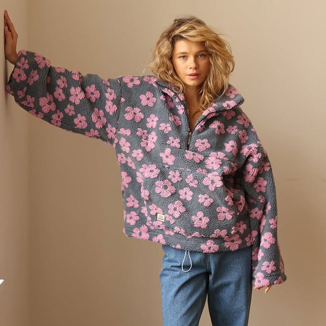 Women's Floral Sherpa Fleece Quarter-Zip Oversized Sweater Pullover