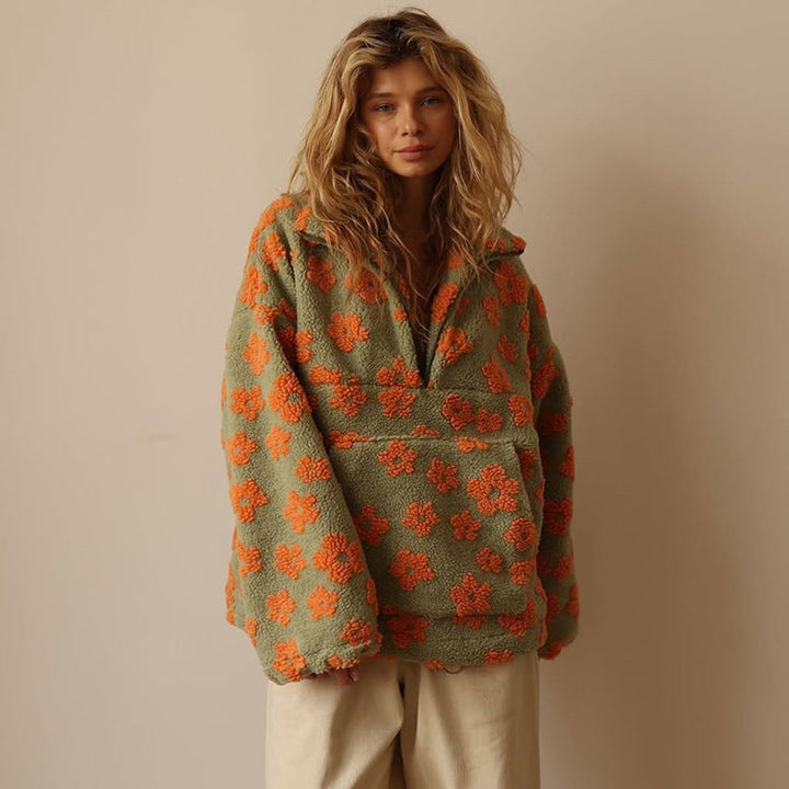 Women's Floral Sherpa Fleece Quarter-Zip Oversized Sweater Pullover