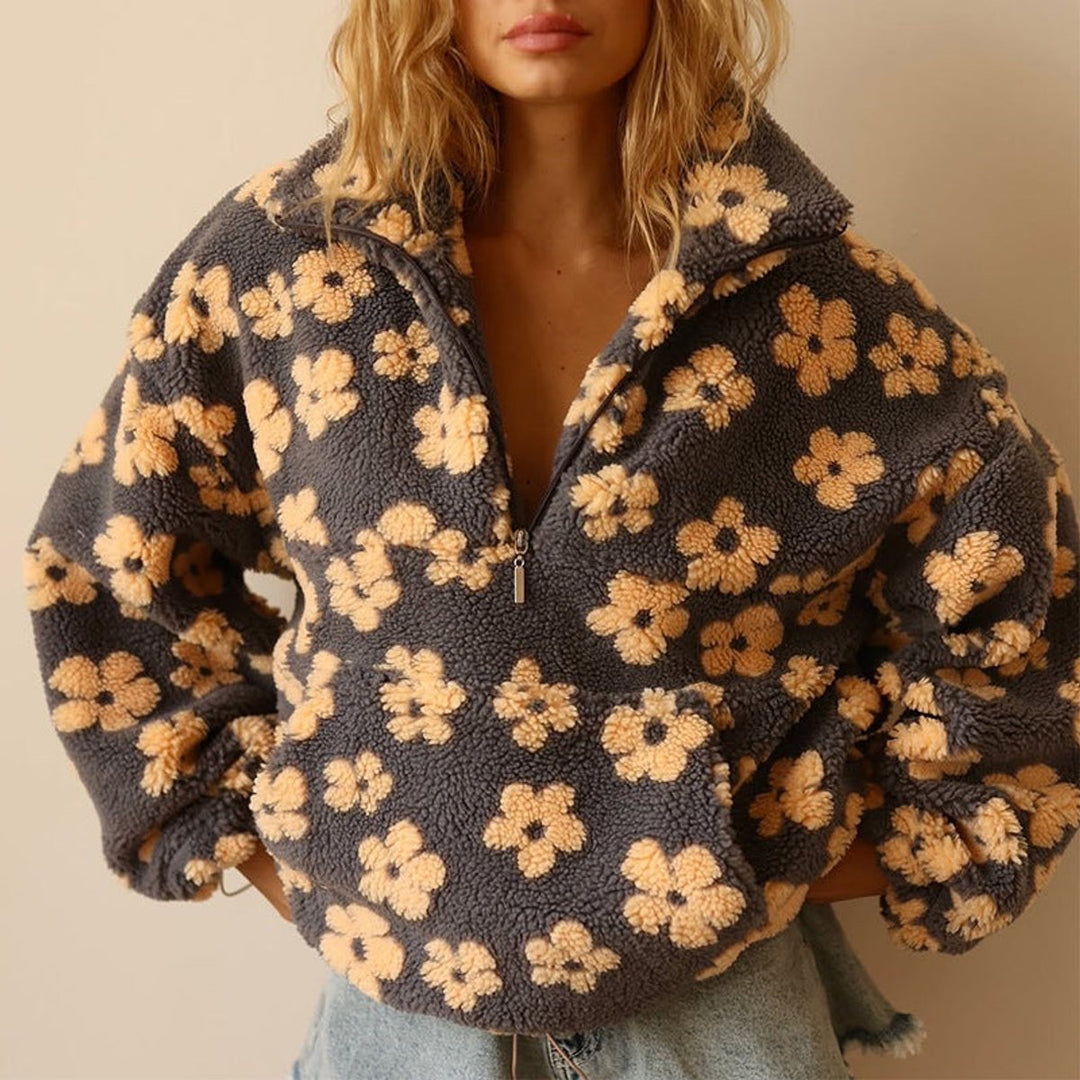 Women's Floral Sherpa Fleece Quarter-Zip Oversized Sweater Pullover