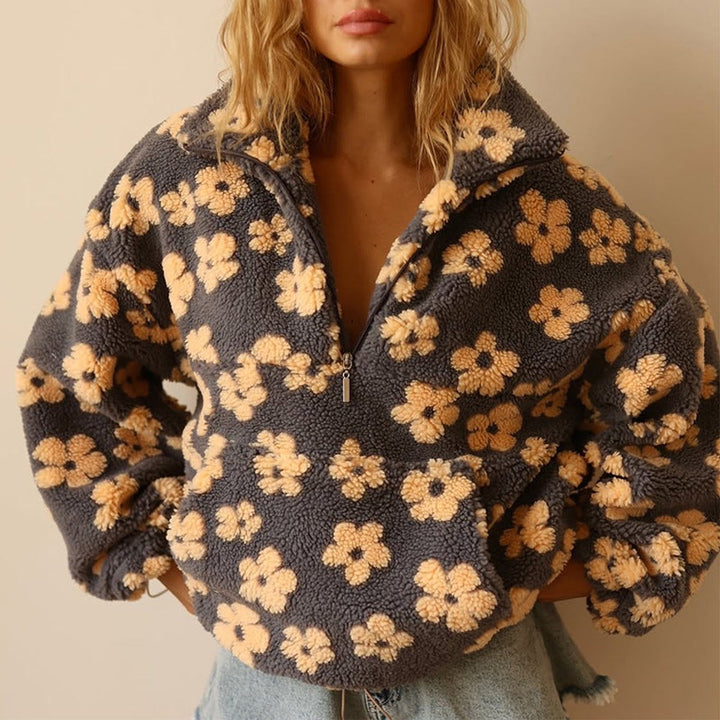 Women's Floral Sherpa Fleece Quarter-Zip Oversized Sweater Pullover