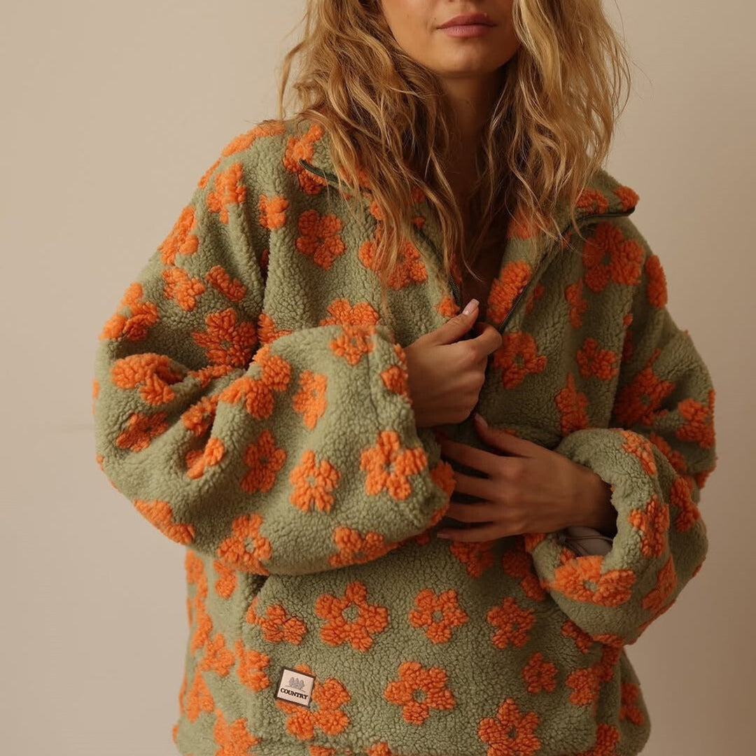 Women's Floral Sherpa Fleece Quarter-Zip Oversized Sweater Pullover