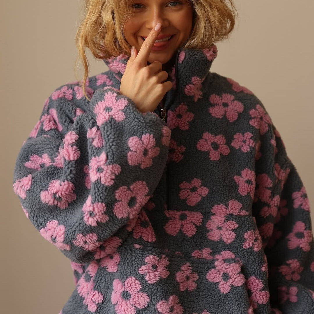 Women's Floral Sherpa Fleece Quarter-Zip Oversized Sweater Pullover