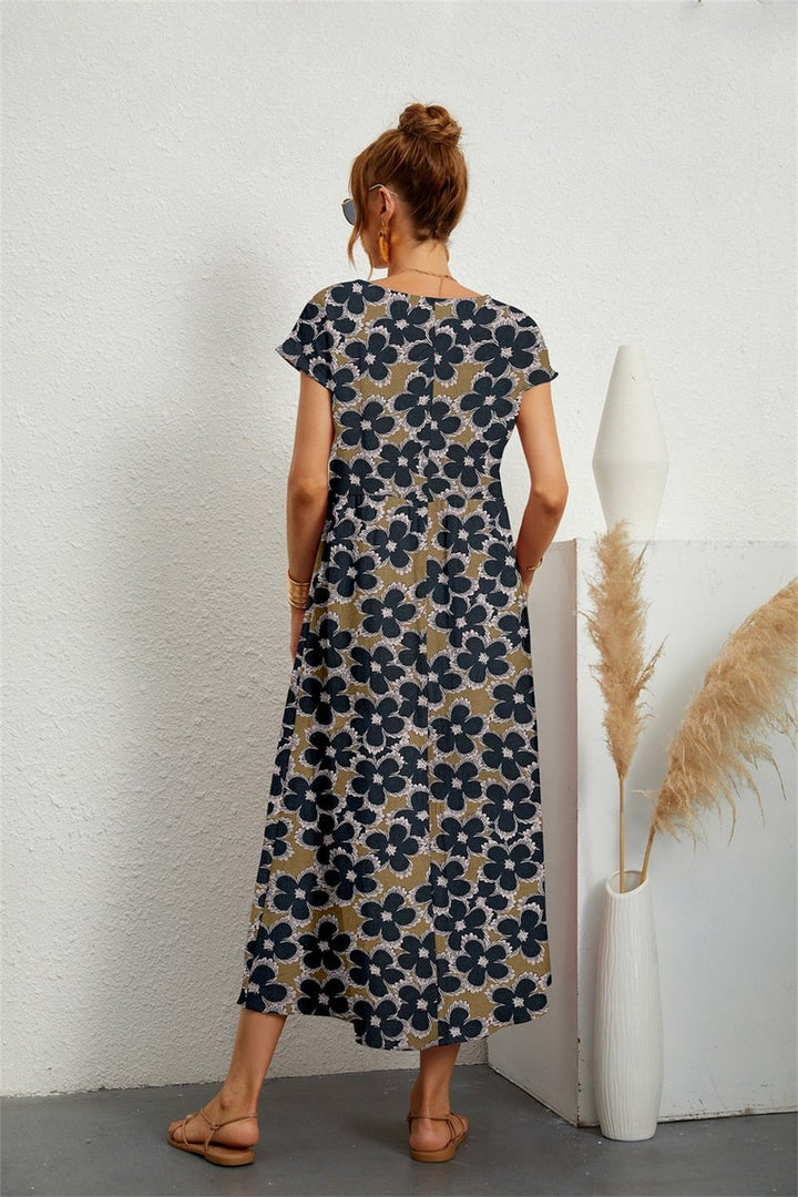 Women's Floral Short-Sleeve Fall Midi Dress