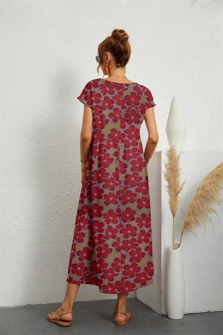 Women's Floral Short-Sleeve Fall Midi Dress