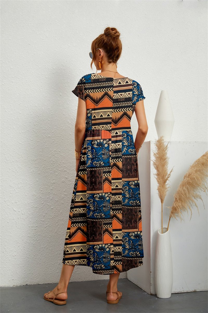 Women's Floral Short-Sleeve Fall Midi Dress