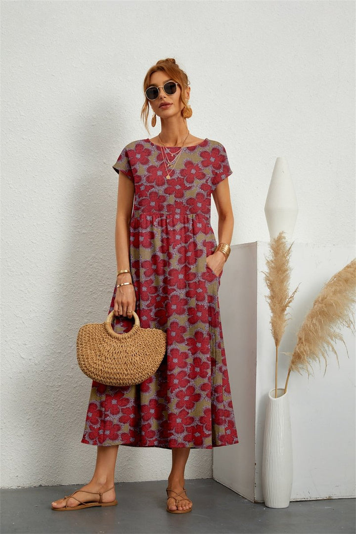 Women's Floral Short-Sleeve Fall Midi Dress