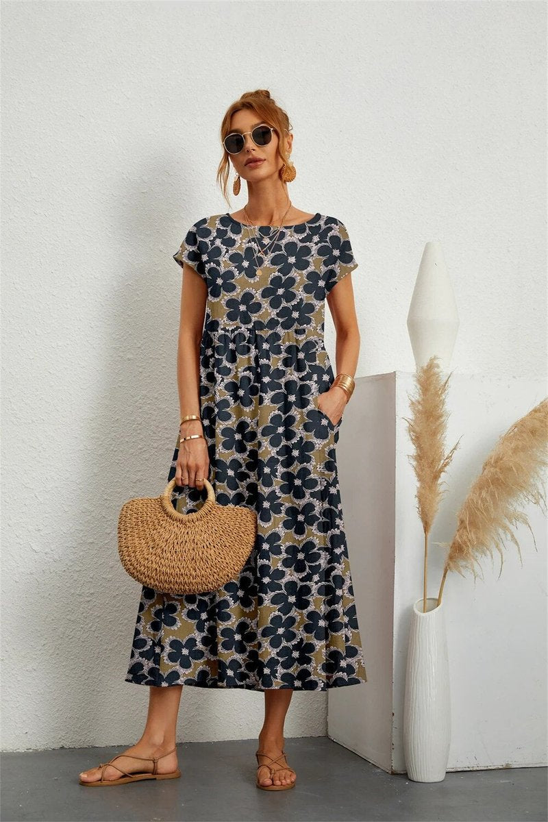 Women's Floral Short-Sleeve Fall Midi Dress