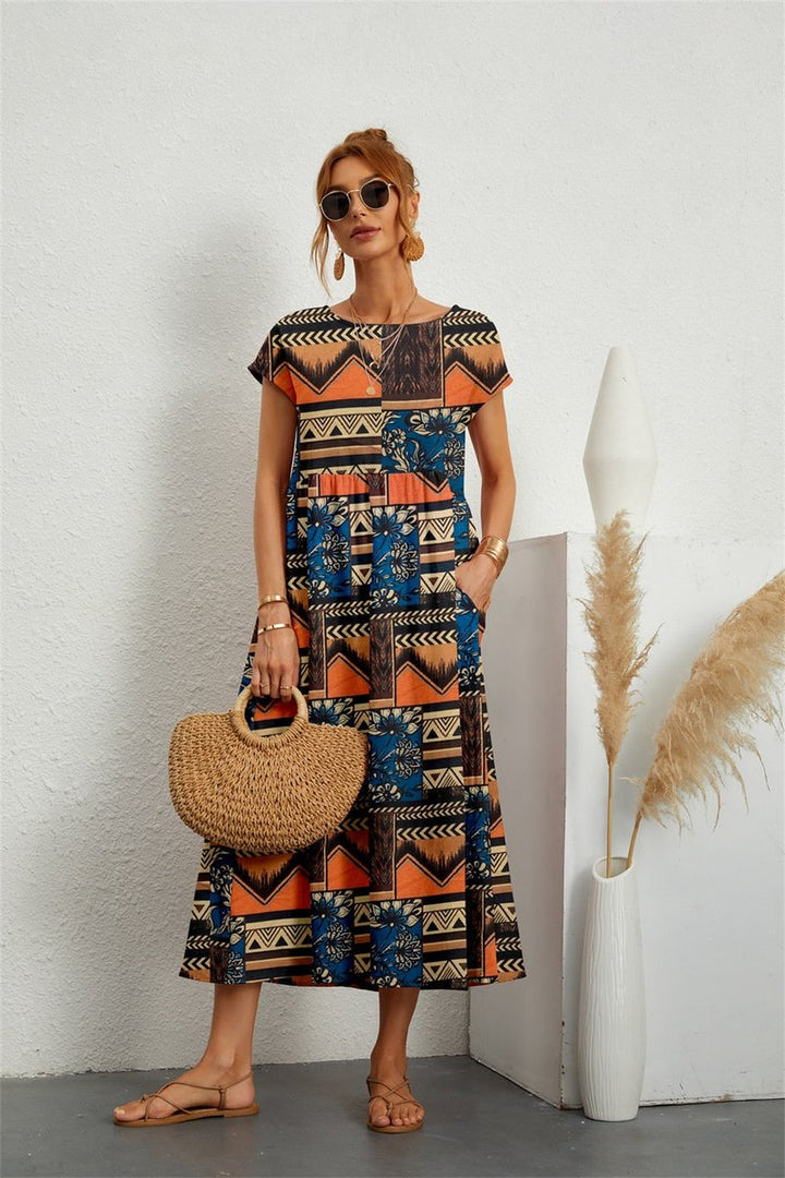 Women's Floral Short-Sleeve Fall Midi Dress