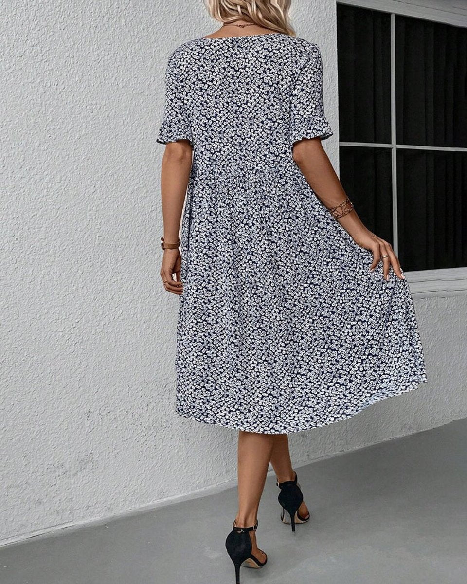 Women's Floral Short-Sleeve Fall Midi Dress Flowy A-Line