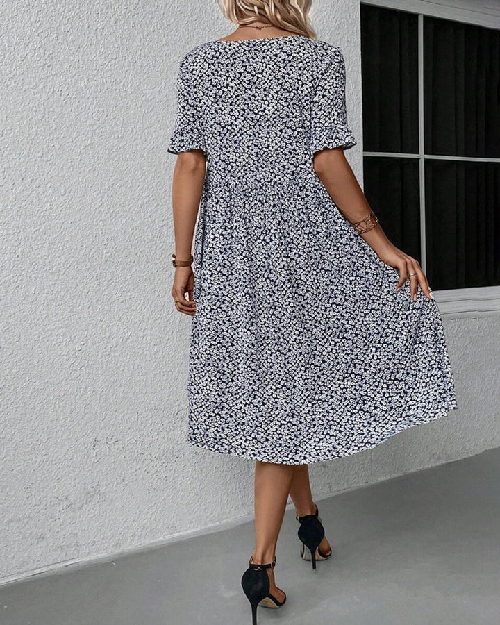 Women's Floral Short-Sleeve Fall Midi Dress Flowy A-Line