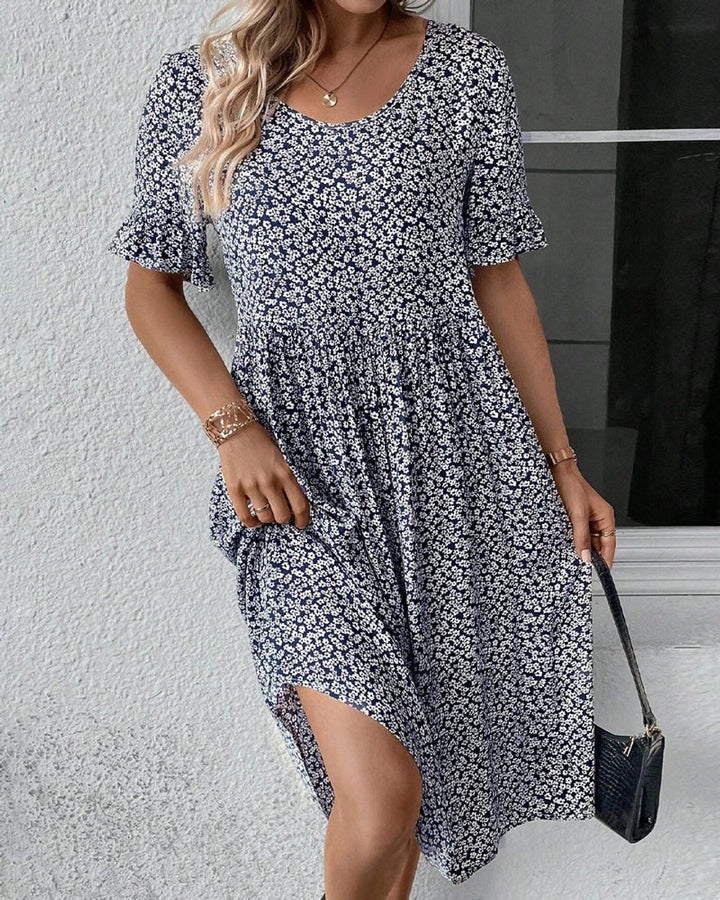 Women's Floral Short-Sleeve Fall Midi Dress Flowy A-Line