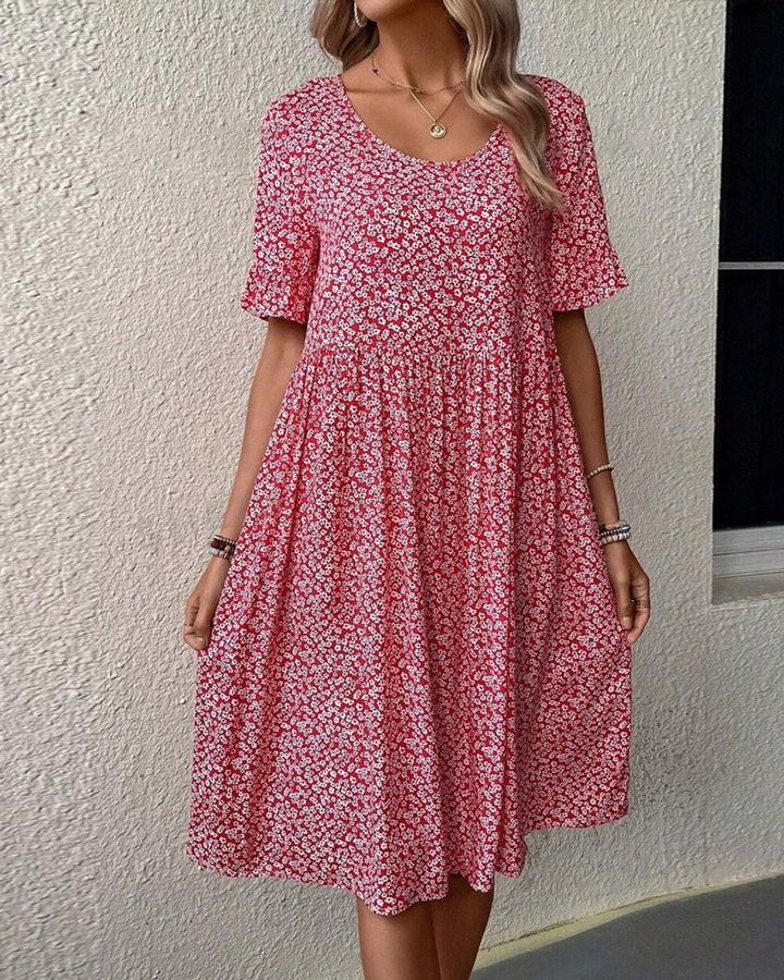 Women's Floral Short-Sleeve Fall Midi Dress Flowy A-Line