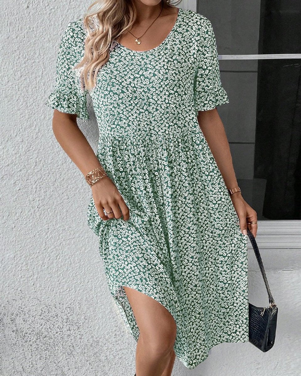 Women's Floral Short-Sleeve Fall Midi Dress Flowy A-Line