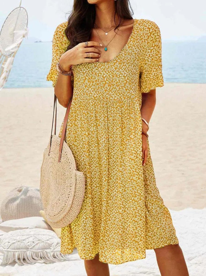 Women's Floral Short-Sleeve Fall Midi Dress Flowy A-Line
