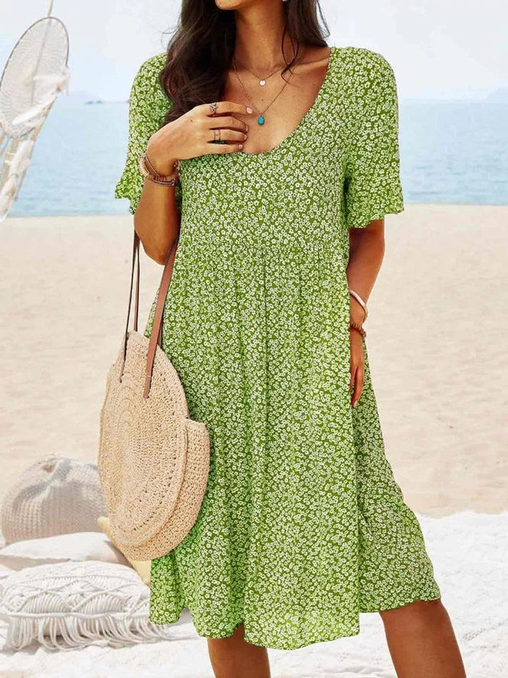 Women's Floral Short-Sleeve Fall Midi Dress Flowy A-Line