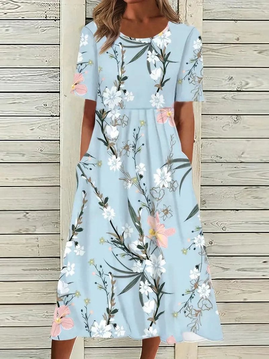 Women's Floral Short Sleeve Fall Midi Dress Pockets