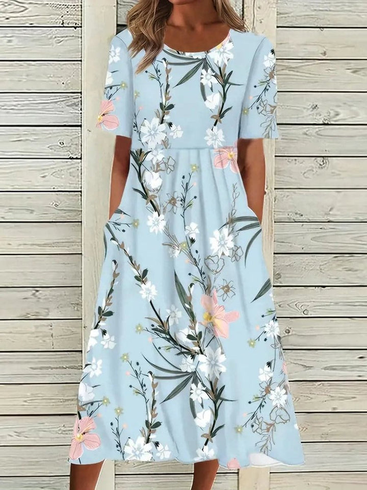Women's Floral Short Sleeve Fall Midi Dress Pockets