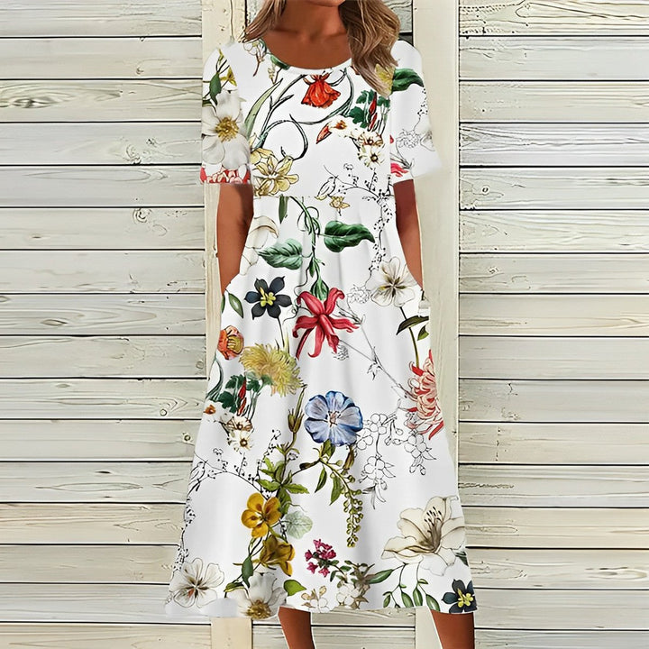 Women's Floral Short-Sleeve Fall Midi Dress Pockets