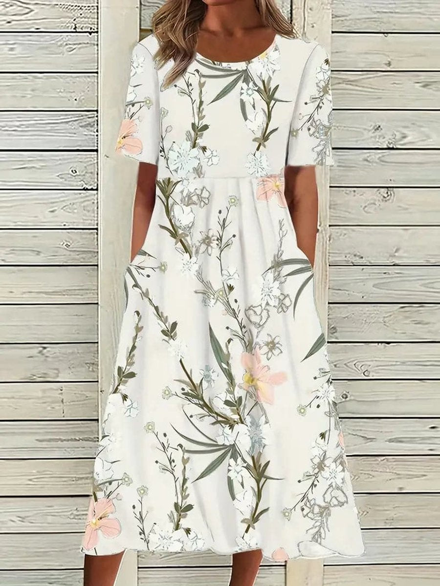 Women's Floral Short Sleeve Fall Midi Dress Pockets