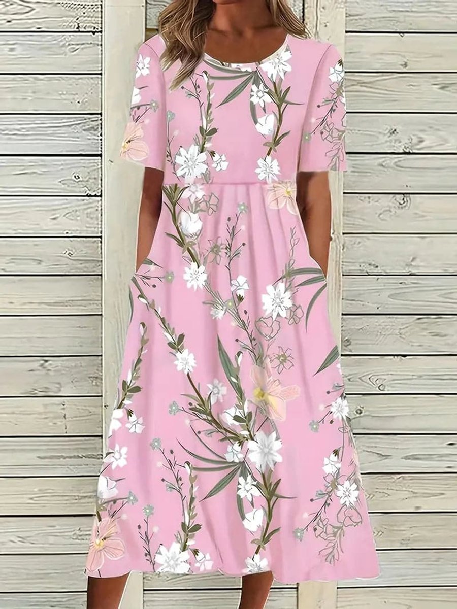 Women's Floral Short Sleeve Fall Midi Dress Pockets