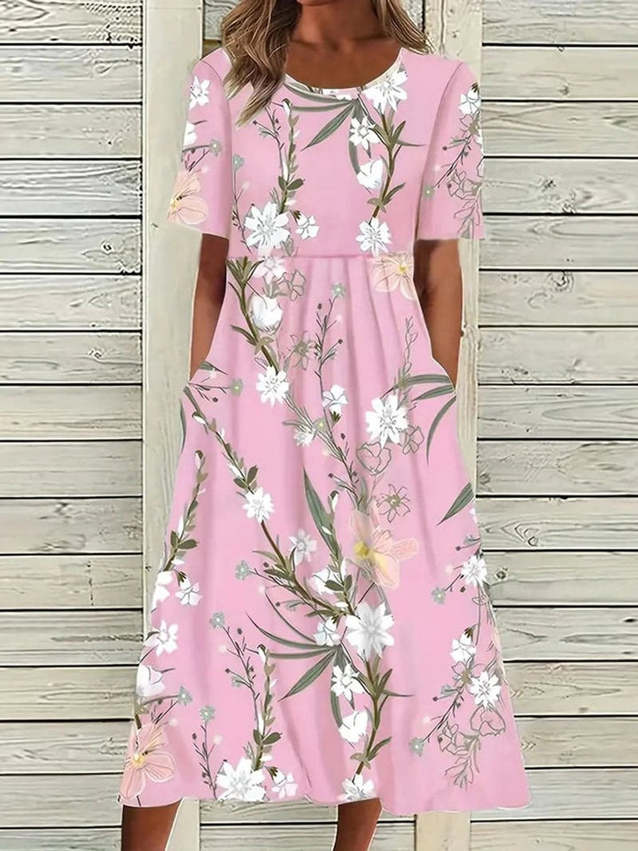 Women's Floral Short Sleeve Fall Midi Dress Pockets