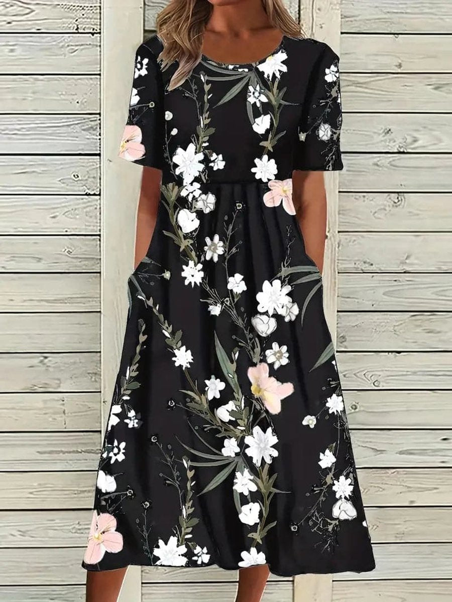 Women's Floral Short Sleeve Fall Midi Dress Pockets