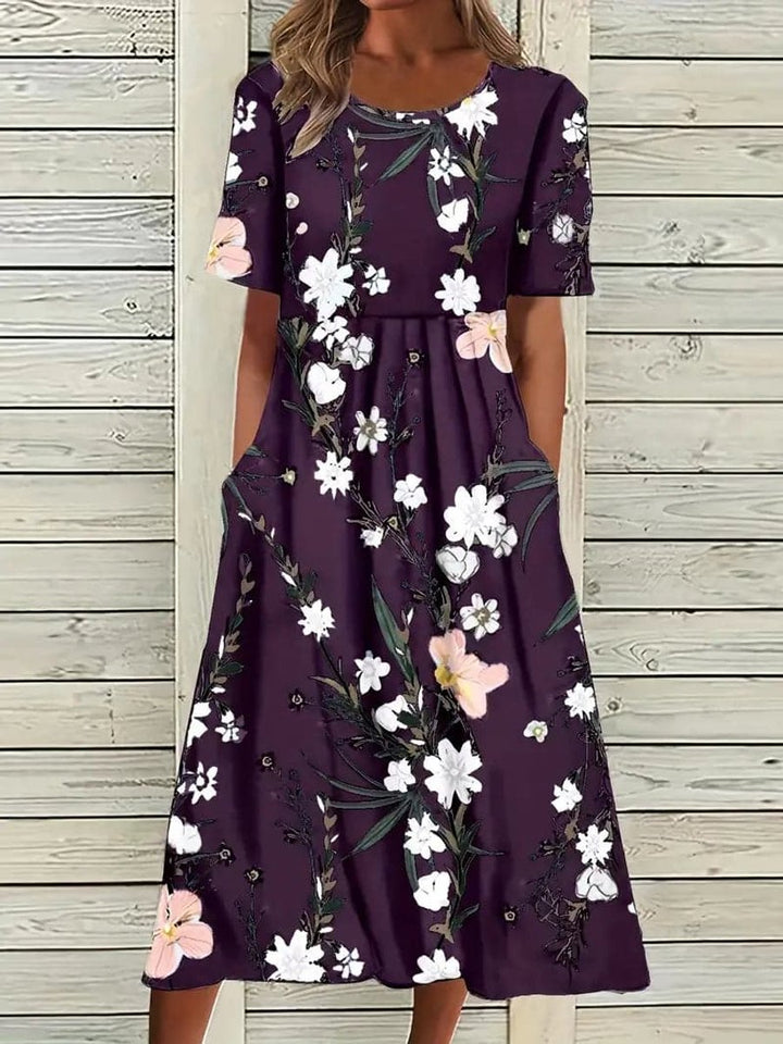 Women's Floral Short Sleeve Fall Midi Dress Pockets