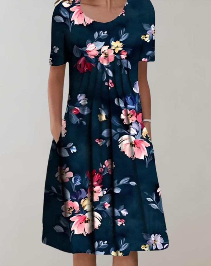 Women's Floral Short-Sleeve Loose-Fit Pocketed Fall Midi Dress