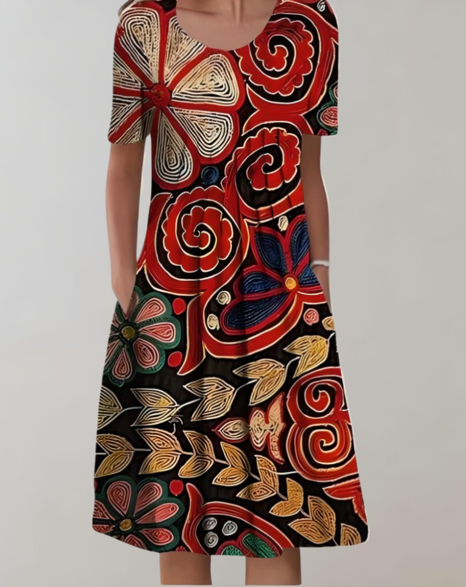 Women's Floral Short-Sleeve Loose-Fit Pocketed Fall Midi Dress