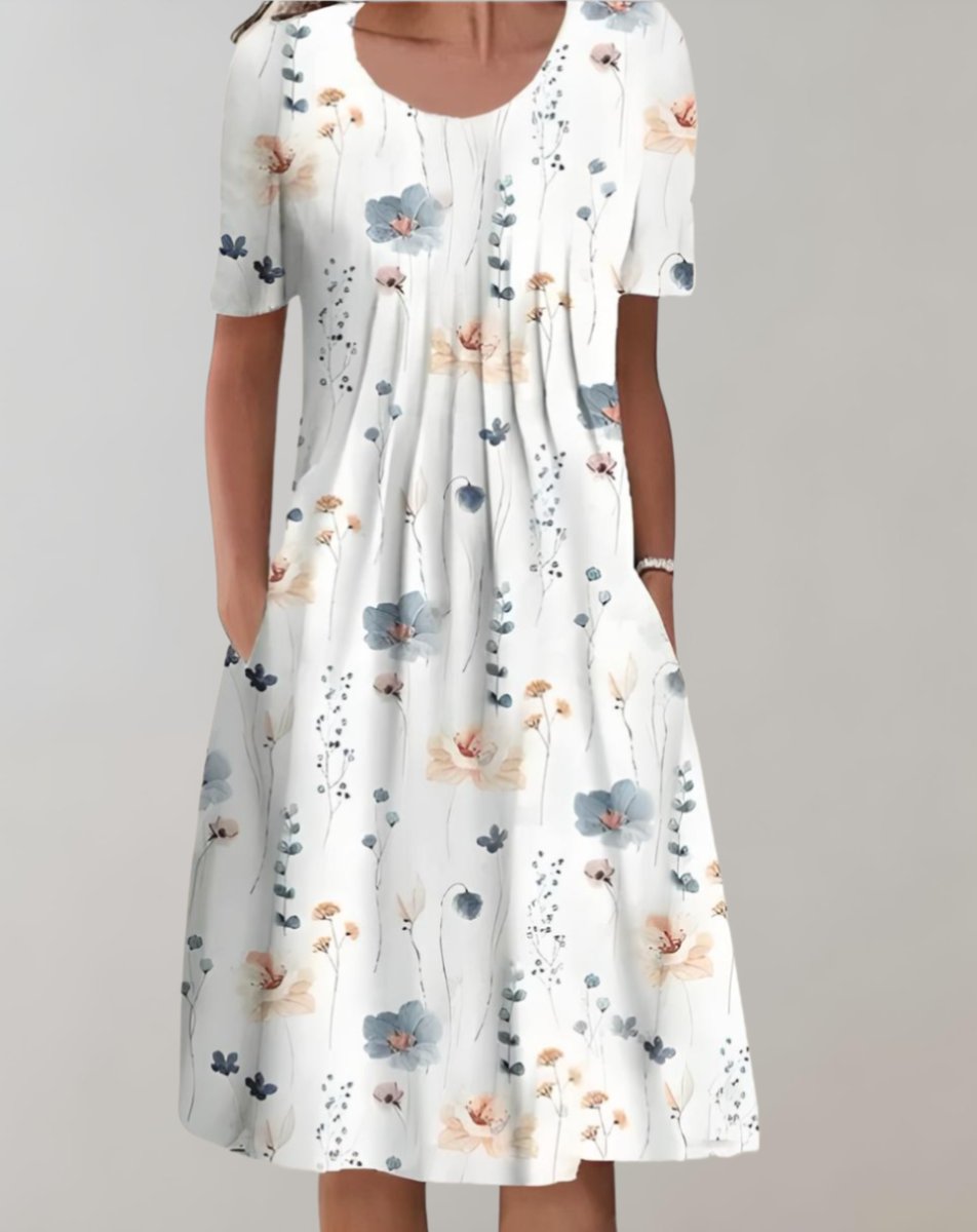 Women's Floral Short-Sleeve Loose-Fit Pocketed Fall Midi Dress