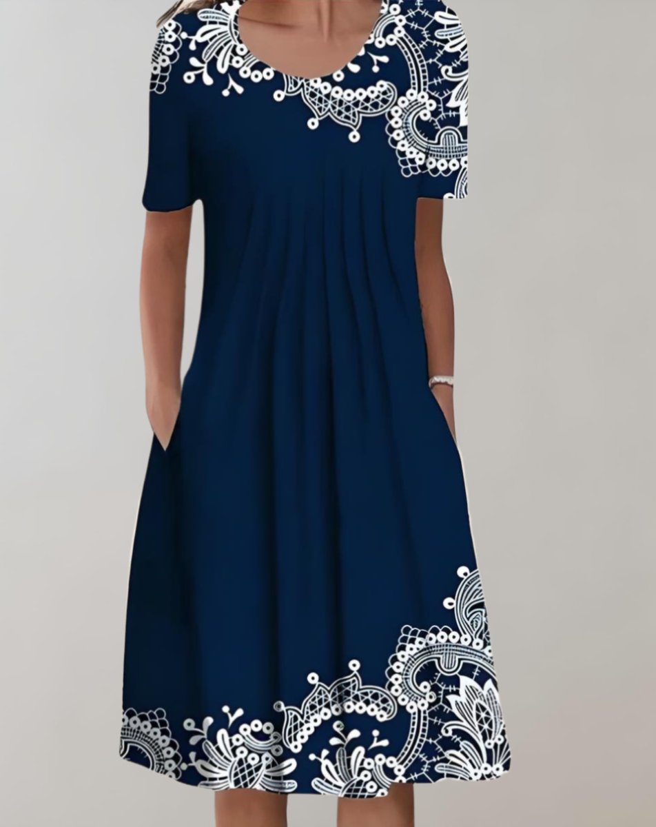 Women's Floral Short-Sleeve Loose-Fit Pocketed Fall Midi Dress