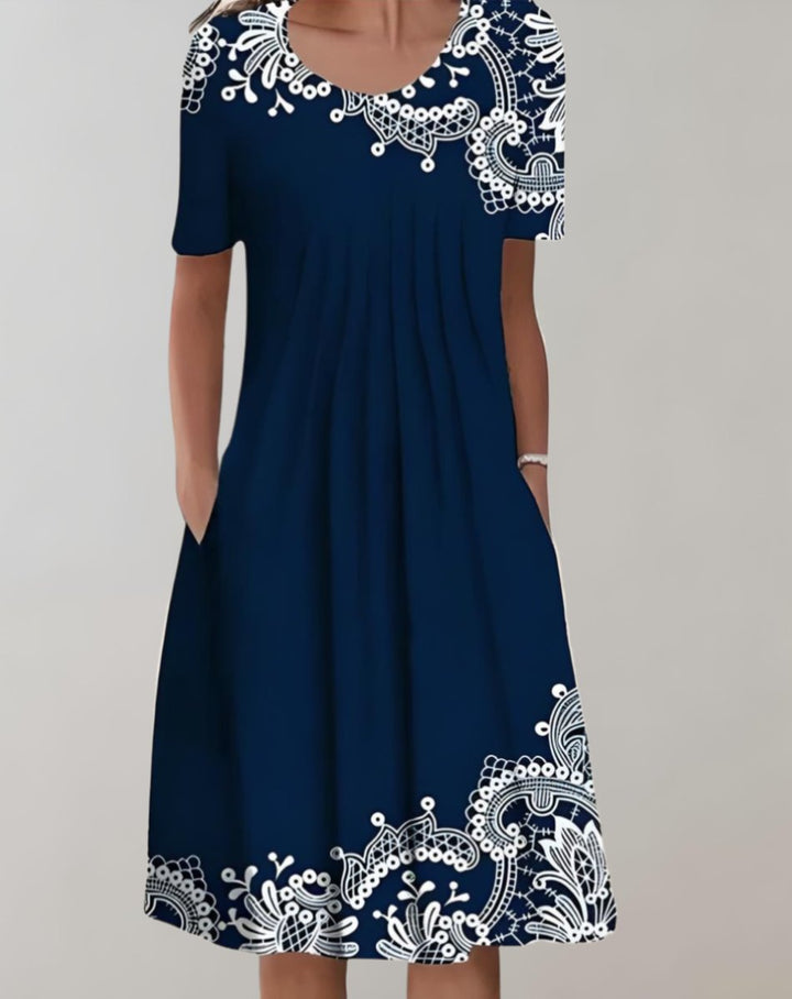 Women's Floral Short-Sleeve Loose-Fit Pocketed Fall Midi Dress