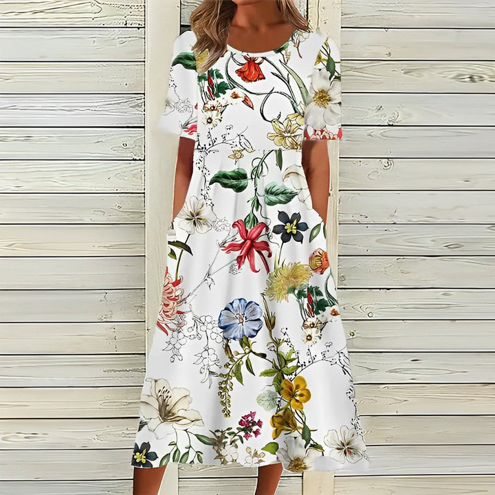 Women's Floral Short-Sleeve Pocketed Fall Midi Dress