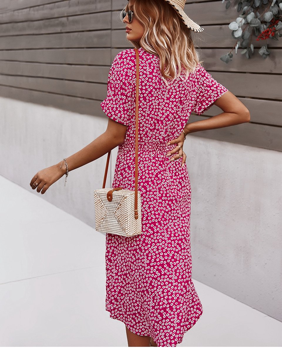 Women's Floral Short-Sleeve Smocked-Waist Fall Midi Dress