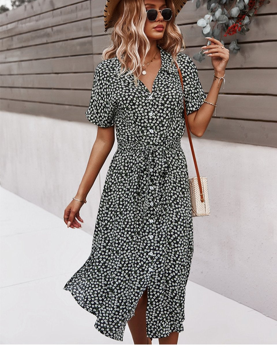 Women's Floral Short-Sleeve Smocked-Waist Fall Midi Dress