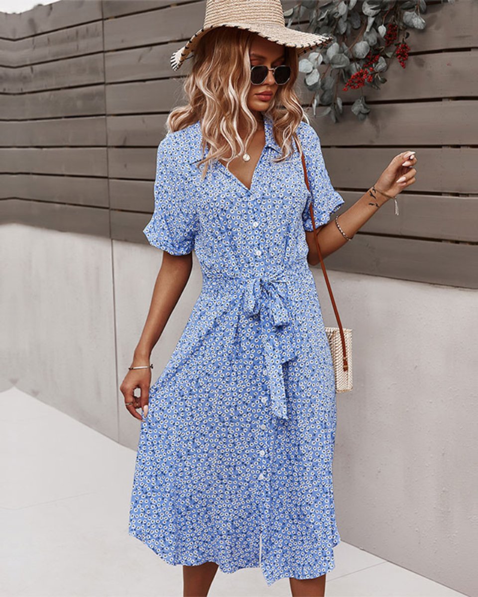 Women's Floral Short-Sleeve Smocked-Waist Fall Midi Dress