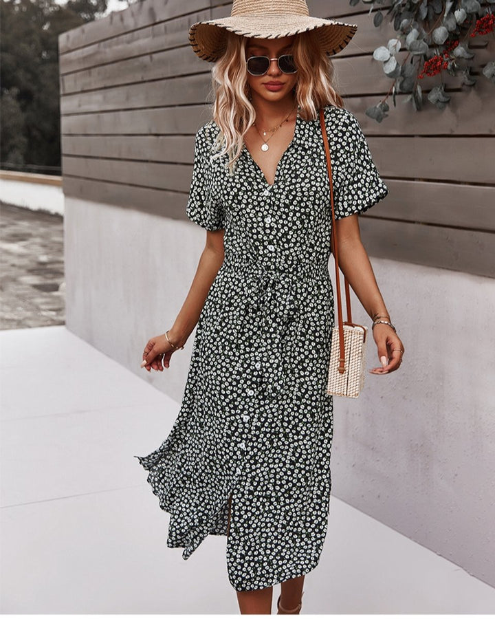 Women's Floral Short-Sleeve Smocked-Waist Fall Midi Dress