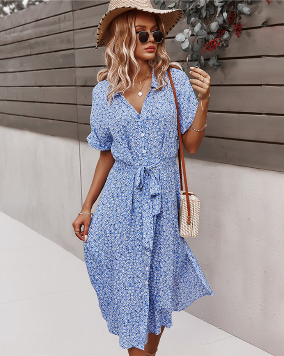 Women's Floral Short-Sleeve Smocked-Waist Fall Midi Dress
