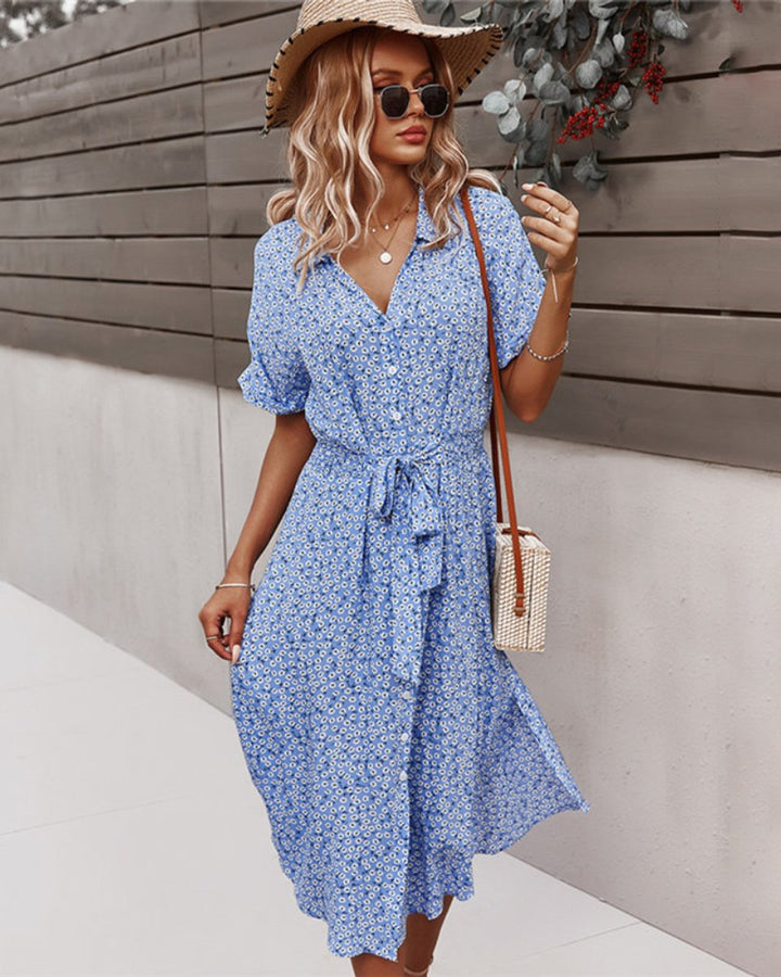 Women's Floral Short-Sleeve Smocked-Waist Fall Midi Dress