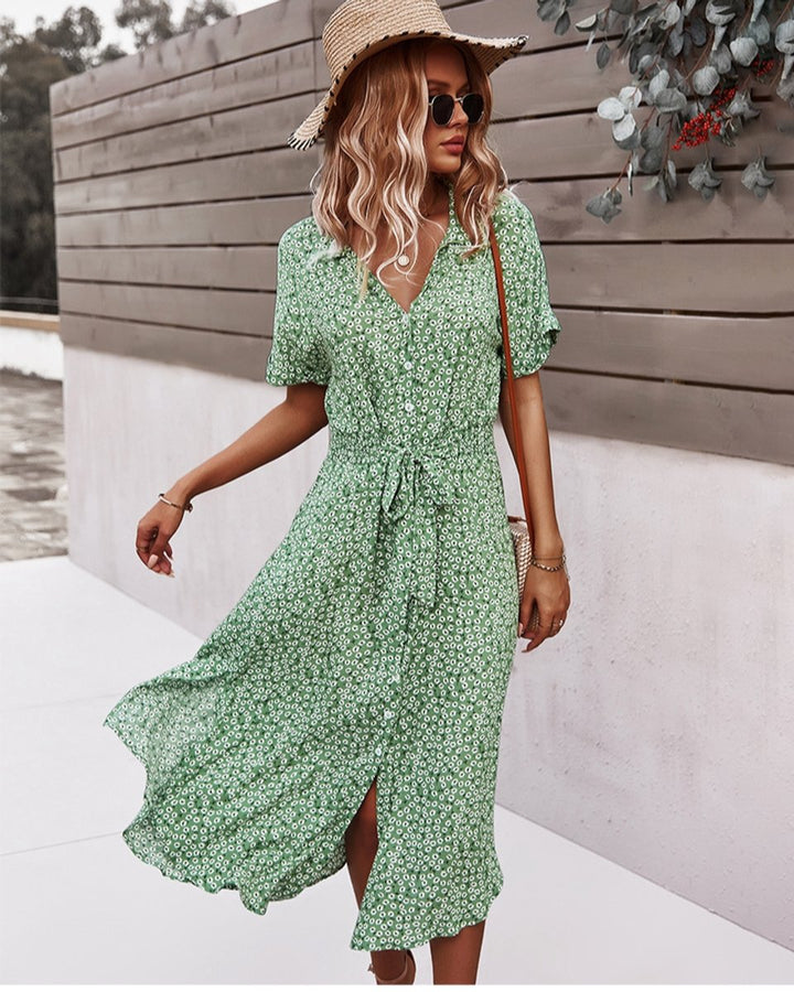 Women's Floral Short-Sleeve Smocked-Waist Fall Midi Dress