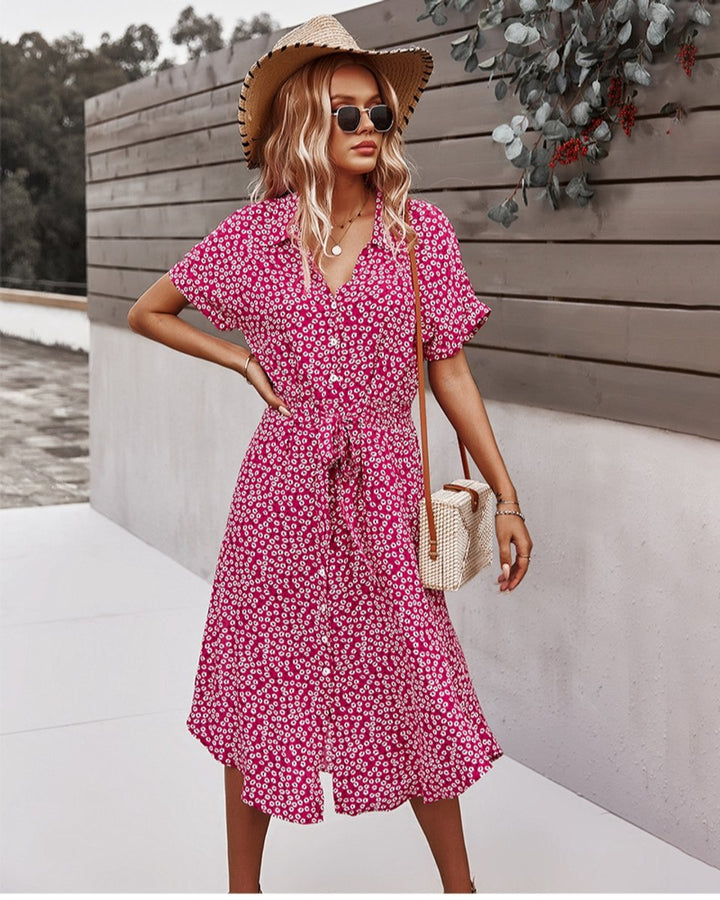 Women's Floral Short-Sleeve Smocked-Waist Fall Midi Dress