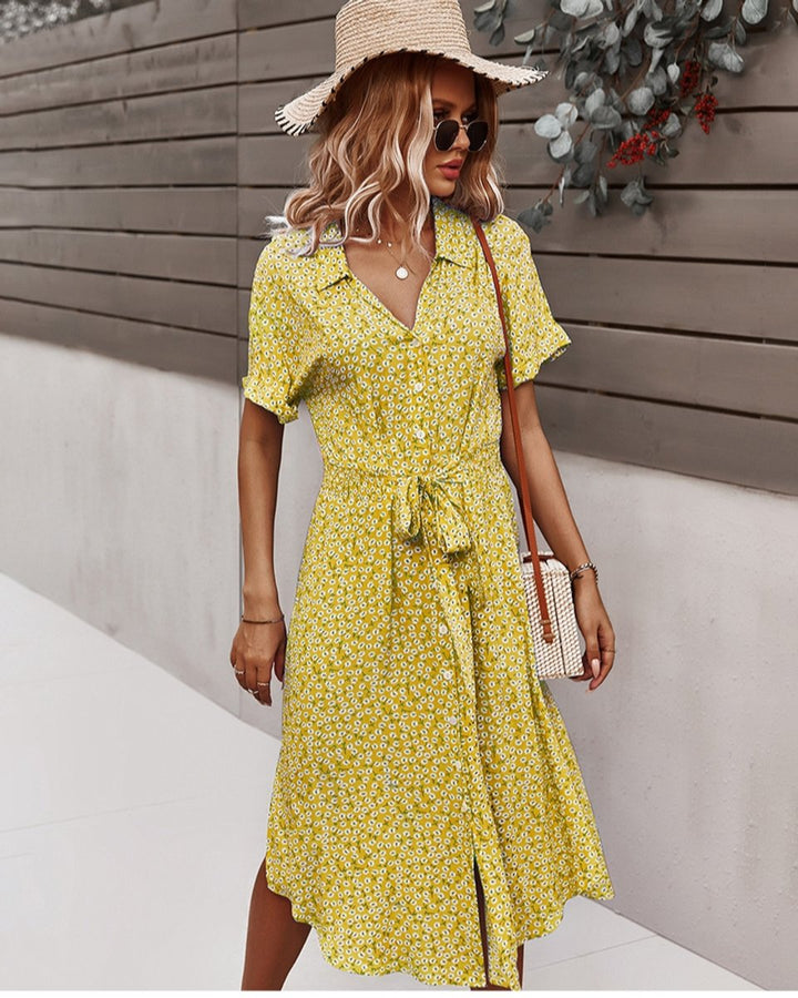 Women's Floral Short-Sleeve Smocked-Waist Fall Midi Dress